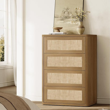 SICOTAS 4 Drawer Dresser for Bedroom-40.59'' Tall Rattan Bedroom Dressers with Oversized Drawers, Modern Wooden Chest of Drawers, Push-to-Open Storage Dresser for Closet, Nursery, Amber Oak