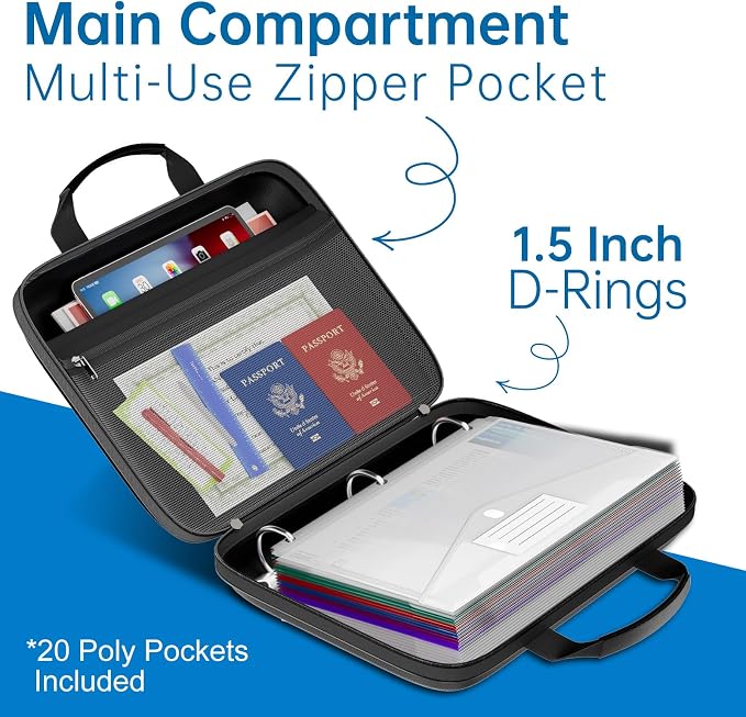Binder Folders Organizer with 20 Pack Heavyweight Plastic Pockets,Fireproof File Folder Box with Lock,Zipper Binder Bag for Important Documents,Letter Size