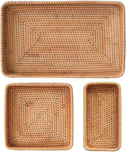 Rattan Serving Tray, Rectangle Basket Set of 3, Wicker Storage and Organizing Baskets, Natural Decorative Woven Tray for Home Decor, Bathroom, Kitchen Counter