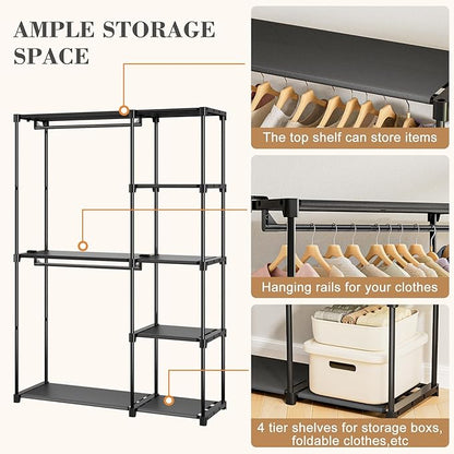 Portable Closet, Freestanding Wardrobe Closet Organizers and Storage,Open Clothing Racks for Hanging Clothes with 4 Shelves and 2 Hanging Rods，47.8x15.8x63.4 Inches