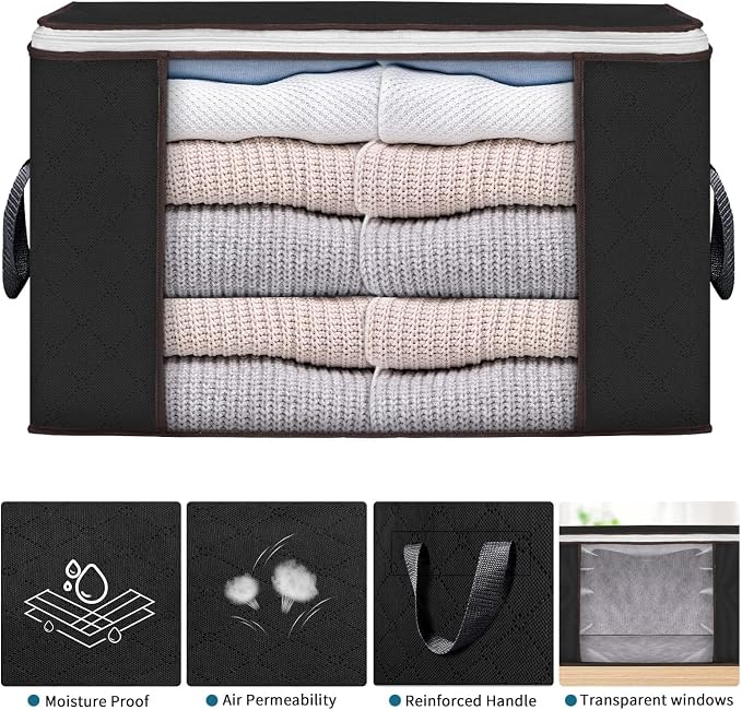 Budding Joy 90 L Large Storage Bags, 10 Pack Clothes Storage Bins Foldable Closet Organizers Storage Containers with Reinforced Handle for Clothing, Blanket, Comforters, Bed Sheets, Pillows (Black)