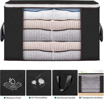 Budding Joy 90 L Large Storage Bags, 10 Pack Clothes Storage Bins Foldable Closet Organizers Storage Containers with Reinforced Handle for Clothing, Blanket, Comforters, Bed Sheets, Pillows (Black)