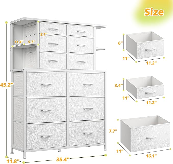 EnHomee White Dresser for Bedroom with LED Lights and 12 Drawers Dresser with 4 Open Storage Shelves, Fabric Dressers & Chests of Drawers, Metal Frame, 45.2" H x 35.4" W x 11.8" D