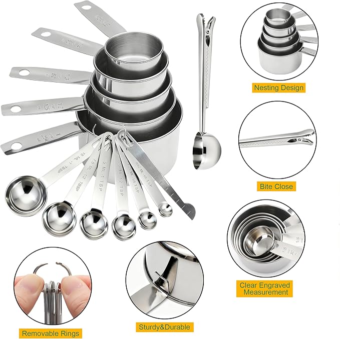 Measuring Cups and Spoons Set of 13, Stainless Steel 5 Nesting Measure Cups Set & 6 Measuring Spoons Set & 1 Leveler +1 Spoon Clip - Kitchen Baking Tools for Cooking.