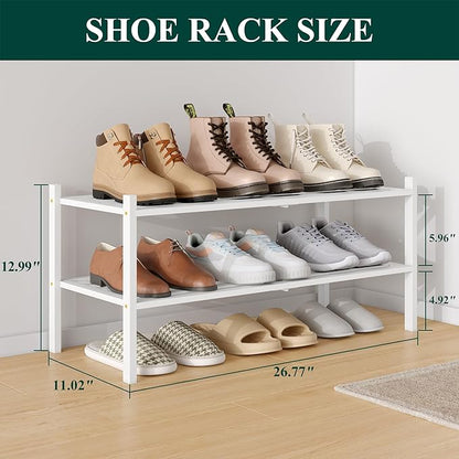 Smiry Bamboo Shoe Rack 2-Tier, Stackable Wooden Shoe Organizer for Entryway & Closet, Free Standing Wood Shoe Storage Shelf for Front Door & Small Spaces, White