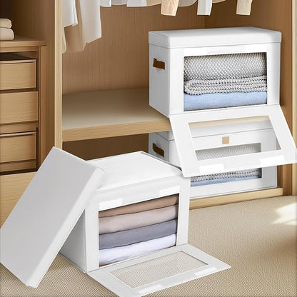 Homsorout Large Closet Storage Bins - Collapsible Clothes Organizer with Handles & Window, Decorative Boxes with Lids, Linen Closet Organizers for Living Room, Dorm, 8 Pack, White