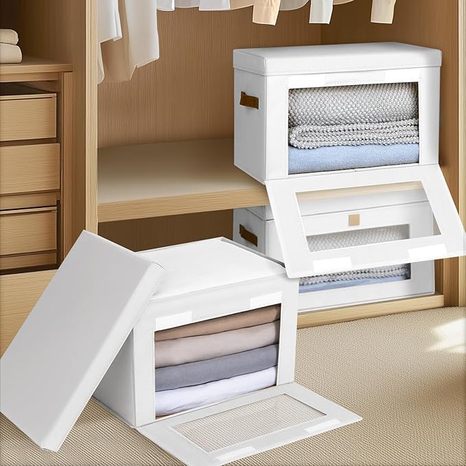 Homsorout Large Closet Storage Bins - Collapsible Clothes Organizer with Handles & Window, Decorative Boxes with Lids, Linen Closet Organizers for Living Room, Dorm, 5 Pack, White