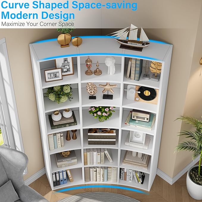 Semoic 71" Bookcase,Curved Bookshelf,Triple Width 6 Tier Bookcase with Storage Cabinet,Modern Tall Bookshelf with 18 Open Display Shelves, Floor Standing Book Shelf for Living Room,White