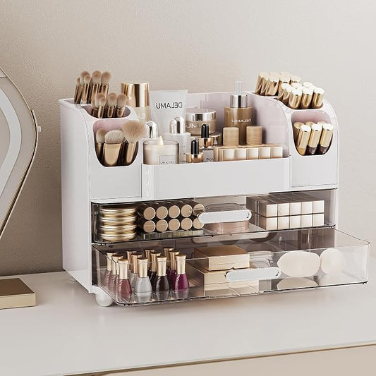 Delamu Large Makeup Organizer Countertop with 6 Brush Holders, Makeup Organizers for Vanity with 2 Large Drawers, Easy to Store Skincare, Lipsticks, Nail Polishes, Perfumes, Eyeshadow Palettes, White