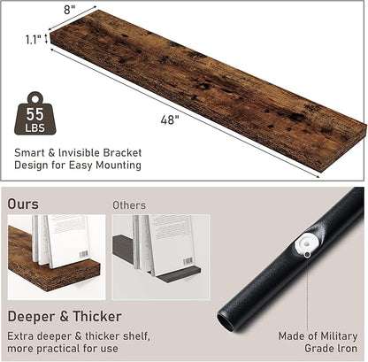 Fun Memories 48 Inch Floating Shelves for Wall 8 Inch Deep Rustic Brown Shelves Set of 2, Wall Mounted Rustic Wood Long Floating Shelf, Large Display & Storage Shelf with Invisible Brackets