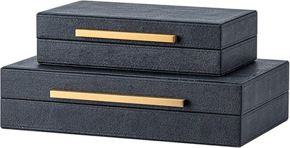 Set of 2 Black Shagreen Storage Boxes with Gold Metal Handles – Faux Leather Jewelry Organizer, Nesting Decorative Box for Photos, Memory Keepsake, Home & Office Decor