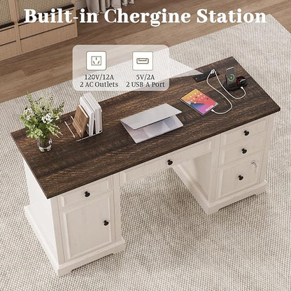 Vipbear 59" Executive Desk, Farmhouse Computer Desk with Drawers, Lockable File Drawer, Storage Cabinet & Power Outlet, Rustic Home Office Desks, Workspace for Work Study Writing, White
