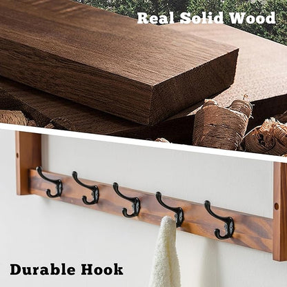 29Inch Wall Mounted Coat Rack with Hooks and Shelf - Large Rustic Wood Coat Hangers for Hats, Keys, Towels, Robes – Functional Entryway Wall Organizer for Bathroom, Kitchen, Mudroom – Brown