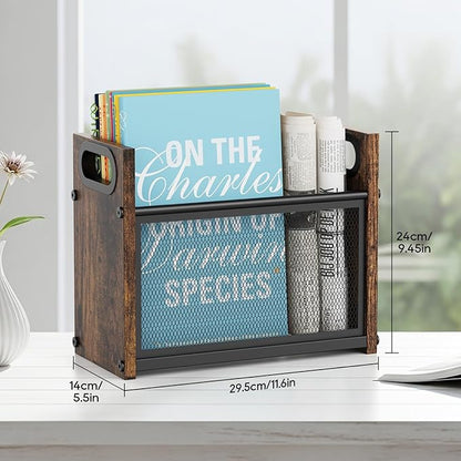 Rustic Magazine Holder, Wood Magazine Rack Floor, Magazine Storage Basket, Mesh Magazine File Holder, Magazine Holders for Shelves，Magazine Stand for Desk, Folder Organizer Bin for Magazines