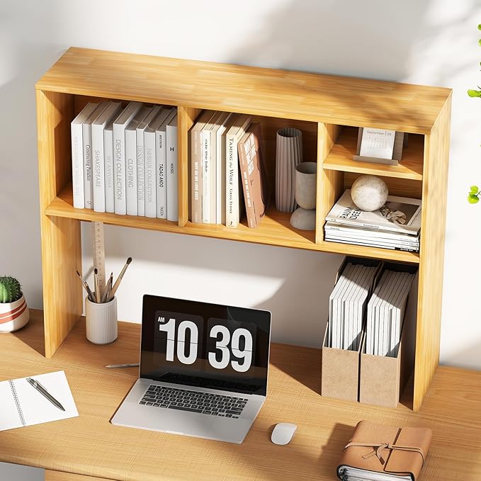 Desk Hutch, Desktop Shelf with 4 Shelves, Desk Bookshelf w/Anti-Toppling Devices, Wood Table Top Bookshelf Organizer, Small Desk Shelf for Study, Office, Dorm (Burlywood, 4 Shelves)