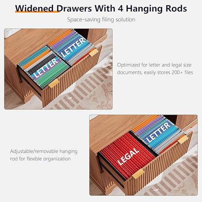 2 Drawer File Cabinet With Charging Station, 30" Fluted Lateral File Cabinet w/Files Hanging Rod for Letter/Legal/A4, Large Tabletop for Printer, Office Wood Printer Cabinets, Dark Chestnut Wood
