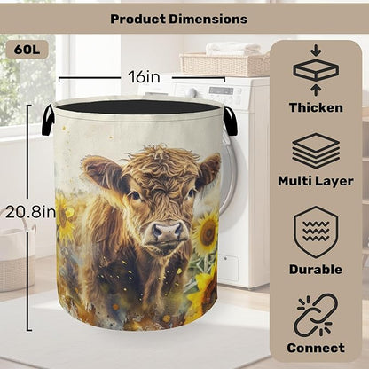 Sunflower Highland Cow Laundry Basket - Heavy Duty 60L Dirty Clothes Organizer, Water Resistant Foldable Hamper for Men Women