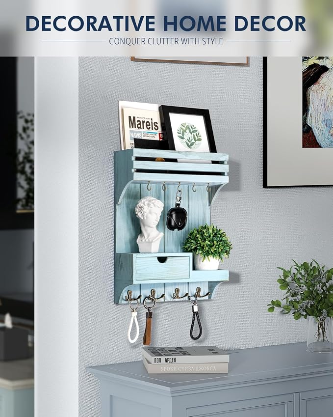 Rebee Vision Decorative Key Holder Wall Mount with Mini Drawer Organizer - Stylish Key Holder for Wall with Mail Organizer & 9 Key Hooks - Apartment Essentials for Home Decor (Blue)