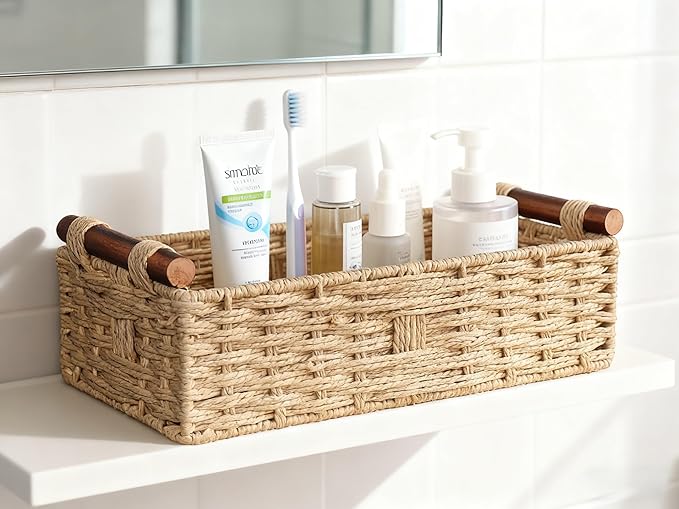 Toilet Tank Basket, Khaki Wicker Storage Basket with Wooden Handles, Handwoven Paper Rope Toilet Tank Organizer, Basket for Top of Toilet, Bathroom Countertop Baskets for Organizing