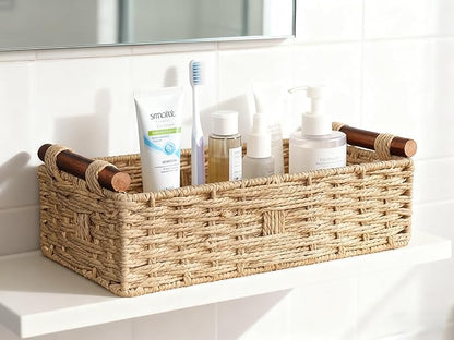 Toilet Tank Basket, Khaki Wicker Storage Basket with Wooden Handles, Handwoven Paper Rope Toilet Tank Organizer, Basket for Top of Toilet, Bathroom Countertop Baskets for Organizing
