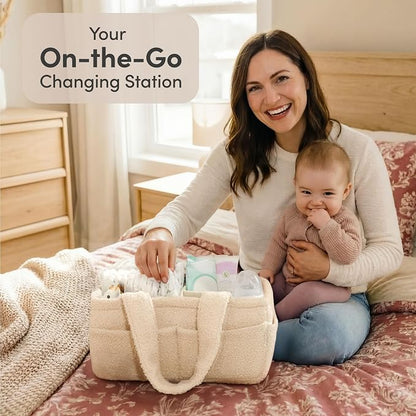 PUTSKA Baby Diaper Caddy Organizer for Changing Table – Stylish Nursery Storage Basket, Newborn Essentials, Baby Shower Gifts and Registry Must-Haves for Boy or Girl, Car Diaper Caddy, Fleece Cream