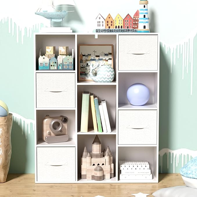 Cube Bookshelf, White Wooden Cube Storage Organizer, Freestanding Book Shelf,Cubby Shelf, Perfect Shelves for Bedroom, Kids Room, Closet, Classroom & Office (11-Cube)