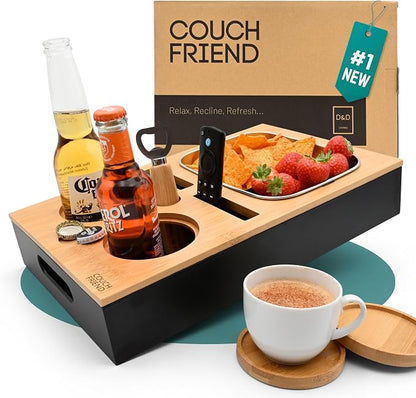 D&D Living® Couch Caddy - Bamboo Couch Console | Anti-Spill Drink and Cup Holder | Snack Organizer Tray for Sofa with Bottle Opener