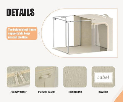 3 Openings Clothes Storage Bins with Metal Frame, Foldable Storage Bin for Clothes, Clothing Storage Bins with Lid, Linen Storage Box With Clear Window＆ Zippers＆ Durable Handles.(3 Pcs,Beige,40L)