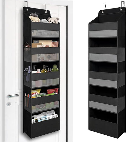 Over Door Organizer with 5 Large Pockets, Heavy Duty Hanging Organizer Storage, Closet Bathroom Nursery Bedroom Dorm, Toys Cosmetics Sundries and Baby Essentials, Black
