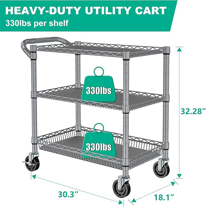 Folews Rolling Cart with Wheels, Heavy Duty 3 Tier Metal Utility Cart 990lbs Capacity, Multi-Purpose Wire Rolling Storage Trolley for Kitchen Garage Office Commercial Use, Gray