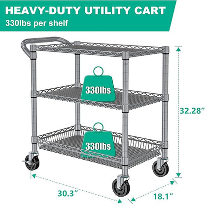 Folews Rolling Cart with Wheels, Heavy Duty 3 Tier Metal Utility Cart 990lbs Capacity, Multi-Purpose Wire Rolling Storage Trolley for Kitchen Garage Office Commercial Use, Gray