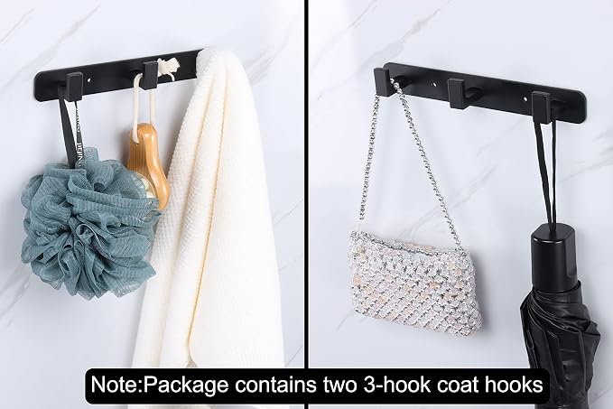 Coat Rack, Heavy Duty Stainless Steel 3 Tri Coat Hook Hanger, Wall Mounted Wall Hooks, Rustic Clothes Hook/Key Hook Rail for Bathroom Kitchen Entryway(2 Pack, 3 Hook Black)