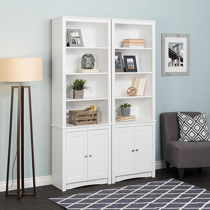 Prepac Sonoma Tall 6-Tier Bookcase 80"H with Doors & 2 Adjustable Shelves, White Storage Cabinet, Modern Display Cabinet, Bookshelf with Storage Shelves for Home Office, Living Room, Bedroom