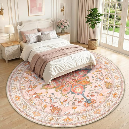 RELEANY Area Rugs Round 10ft Washable Non-Slip, Floral Vintage Distress Medallion Carpet for Living Room Bedroom Dining Room, Light Pink Colorful