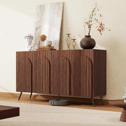 59" Accent Storage Cabinet with 4 Doors, Modern Decorative Cabinet with 3D Carved Door, Sideboard Buffet Cabinets with Adjustable Shelves, Credenza for Living Room, Entryway, Kitchen, Walnut