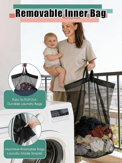 WTREE Laundry Hamper with Lid, Reinforced Sturdy Clothes Hamper with Anti-Puncture Base, Large Collapsible Laundry Basket with Removable Liner Bag, Tall Dirty Clothes Bin for Family, 100L Navy Blue