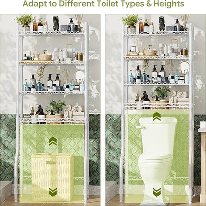 Simple Trending 4 Tier Over The Toilet Storage Rack, Bathroom Organizers and Storage Over Toilet with Adjustable Shelf and Basket, White