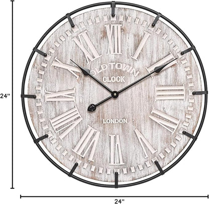 24 Inch Large Farmhouse Wall Clock, Rustic Antique Wood with Metal Circle and Large Engraved Numerals, Silent Battery Operated Wall Clock for Office Kitchen Bedroom Living Room