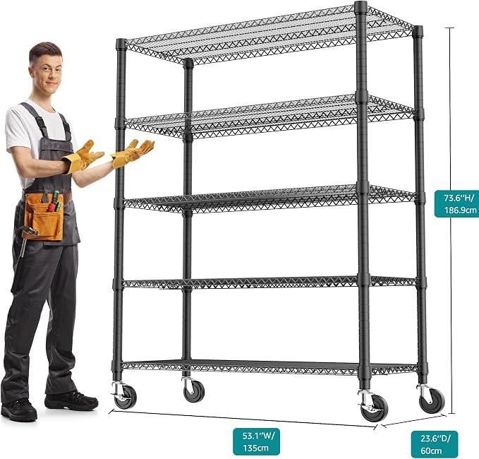 M MZG 3300LBS 53.1" W 5 Tiers Shelf Steel Storage Shelving Utility Shelving Unit Steel Organizer Wire Rack for Home,Kitchen,Office,Garage Black 23.6" D x 53.1" W x 73.6" H