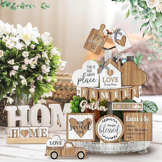 Yaomiao 21 Pcs Farmhouse Tiered Tray Decor Set Rustic Farmhouse Wood Sign Decor Items Vintage Rustic Family Gather Blessed Tiered Tray This is Our Happy Place Sign for Home Kitchen Table Shelf