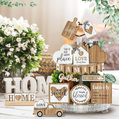 Yaomiao 21 Pcs Farmhouse Tiered Tray Decor Set Rustic Farmhouse Wood Sign Decor Items Vintage Rustic Family Gather Blessed Tiered Tray This is Our Happy Place Sign for Home Kitchen Table Shelf