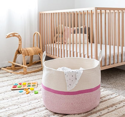 OrganiHaus Large Woven Storage Basket for Blankets and Toys 20" x 13" Inch, Rope Laundry Basket with Handles, Cushions & Pillows Storage Bin, Nursery Hamper, Soft Round Dog Toy Bin - Pink Stripe
