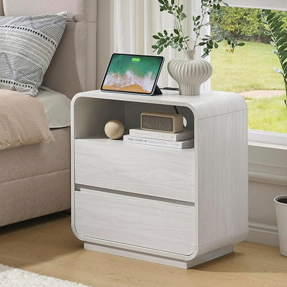 White Nightstand Set of 2 with Charging Station, 23.2" Wide Wood Bedside Table, Modern Night Stand with 2 Storage Drawers, Curved Profile, Handleless End Table for Bedroom Office Dorm
