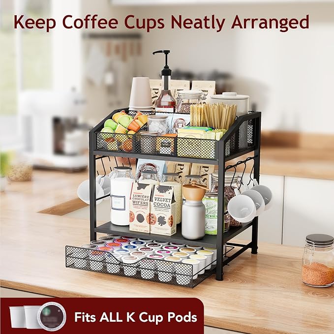Homsorout Coffee Bar Organizer - Countertop Coffee Station, 42 K Cup holder Storage Basket with Drawer and Hooks for Syrup, Cups, Stirrer, Condiment, Tea Organizer, Black