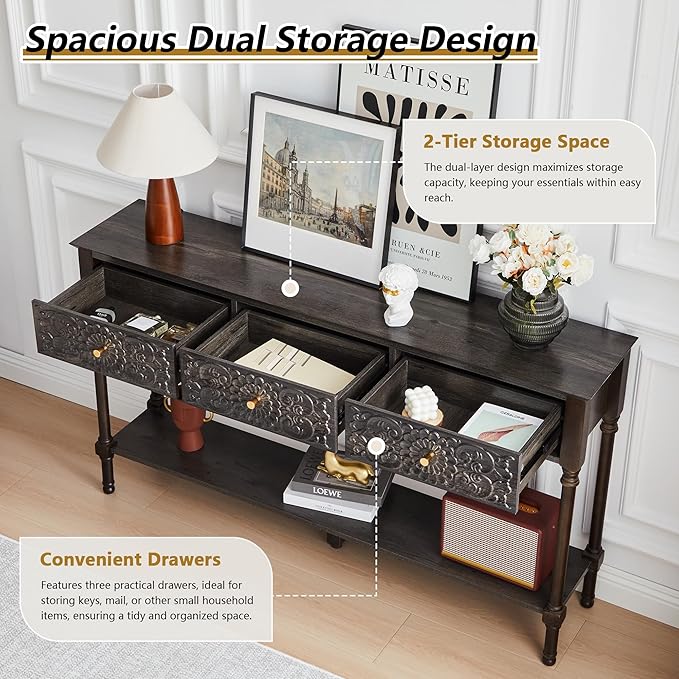 55.5" Carved Console Table with 3 Drawers, 2-Tier Sofa Table with Glossy Floral Surface and Solid Wood Legs, Mid-Century Modern Entryway Table for Living Room Hallway (Antique Black-Brown)