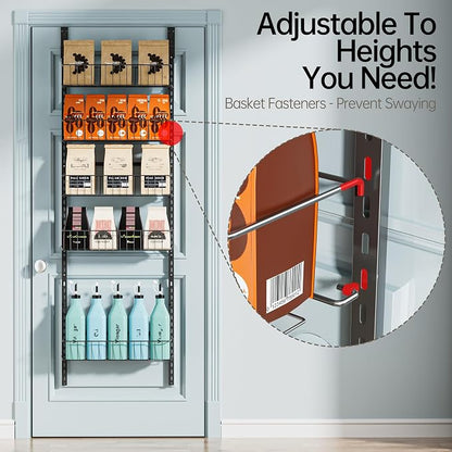 Delamu Adjustable Cabinet Door Organizer, 6-Tier Hanging Spice Rack Organizer, Metal Over the Door Pantry Organizer, Pantry Organizers and Storage Shelves for Kitchen Bathroom Laundry Room, Black