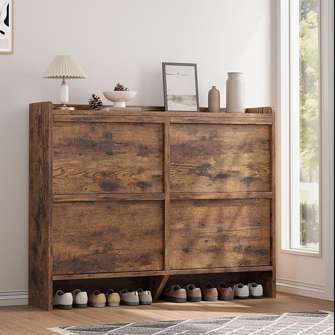 IDEALHOUSE Shoe Cabinet with 4 Flip Drawers,Hidden Wood Shoe Storage with Adjustable Shelf,Freestanding Shoe Organizer Rack for Entryway,Hallway,Living Room(Rustic Brown)