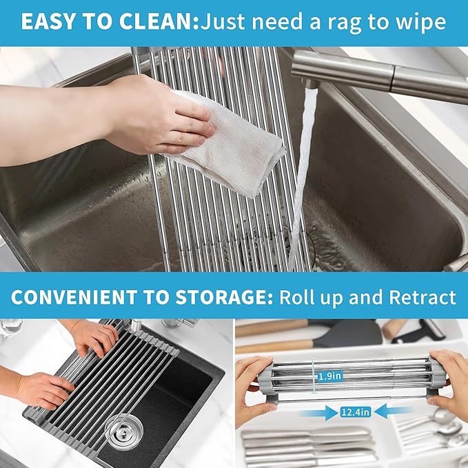 Expandable Roll-UP Dish Drying Rack-Large 304 Stainless Steel Dish Drainer Over The Sink for Kitchen Countertop,Extendable for Most Kitchen Sinks (Silver,22.08'x 13.2')