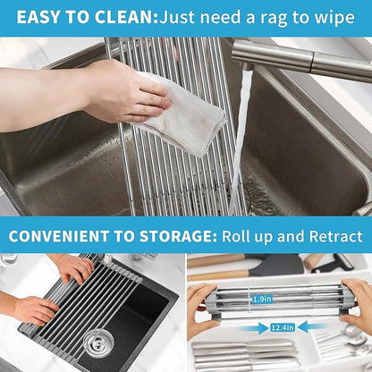 Expandable Roll-UP Dish Drying Rack-Large 304 Stainless Steel Dish Drainer Over The Sink for Kitchen Countertop,Extendable for Most Kitchen Sinks (Silver,22.08'x 13.2')