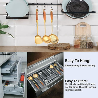 Gold Kitchen Utensils Set with Wooden Handle, 6 PCS Professional 18/10 Stainless Steel Cooking Utensils Set, Wok Spatula, Ladle, Skimmer, Slotted Spatula Turner, Spaghetti Spoon, Large Spoon